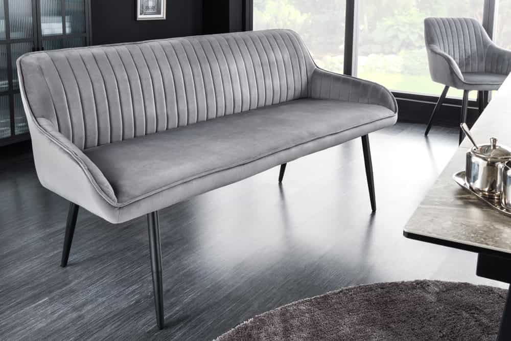 Design Sitzbank TURIN 160cm silbergrau Samt schwarz Metall Armlehne