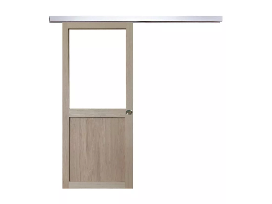 Porte Coulissante Atelier Placage Chene Vitrée H204 X L73 + Rail Alu Et 2 Coquilles Gd Menuiseries