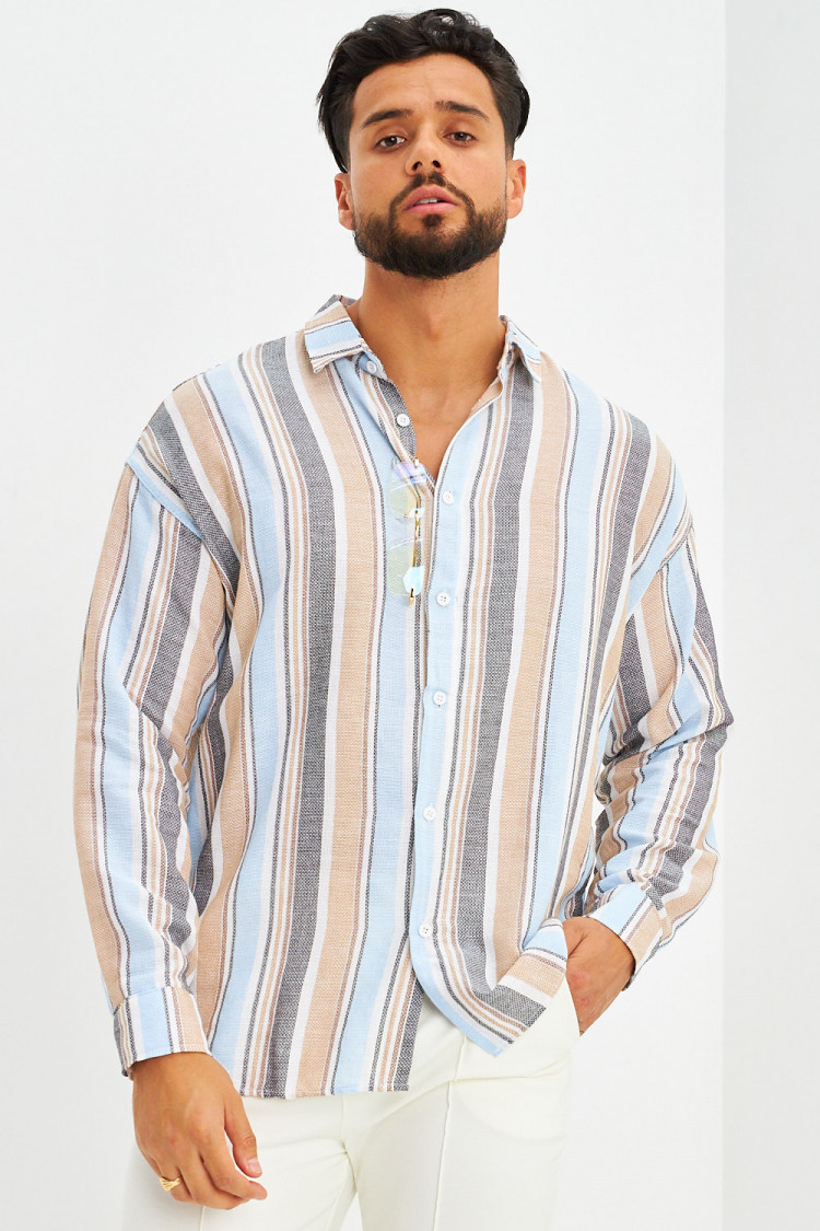 Chemise en maille de coton rayée beige