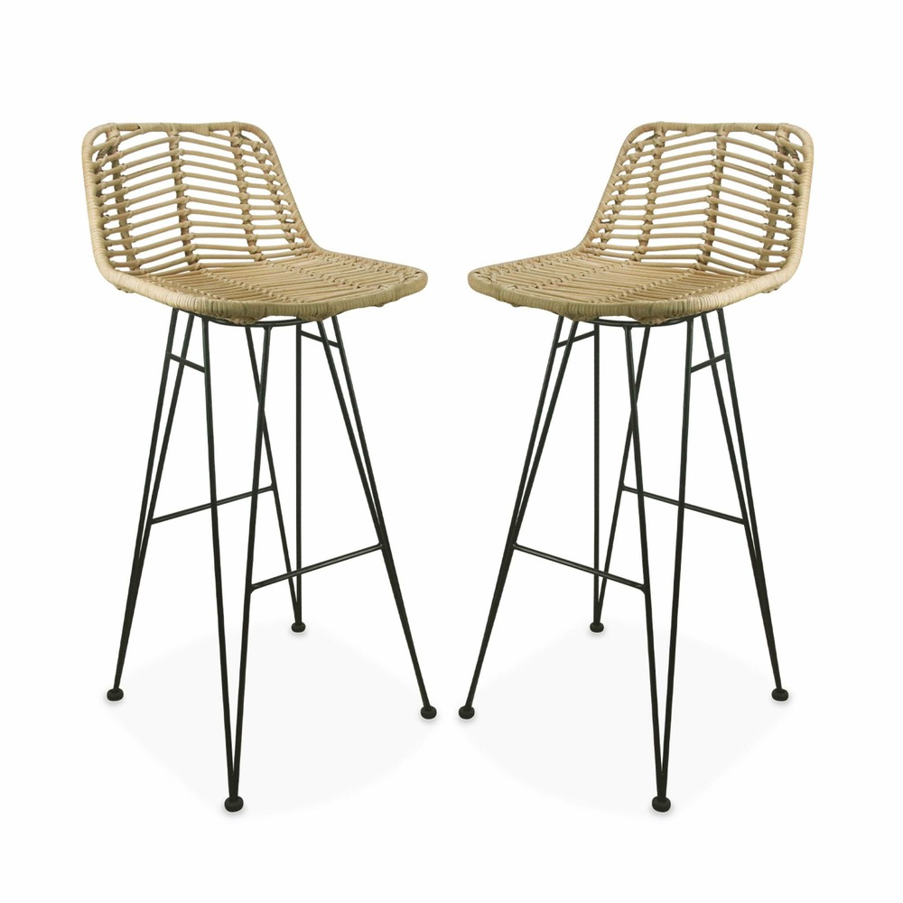 Deux tabourets de bar en rotin naturel et métal. Coussins noirs - cahya