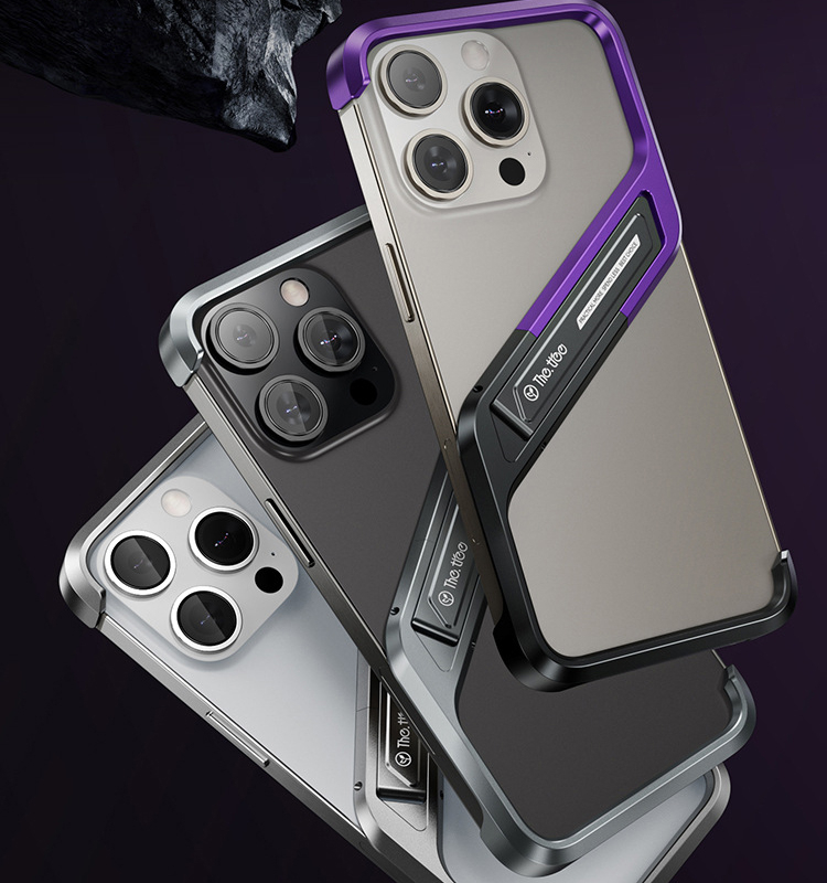 iPhone 16 Alu Slim Case Hülle mit Rahmenlosen Bumper   Kickstand Aufsteller - Silber