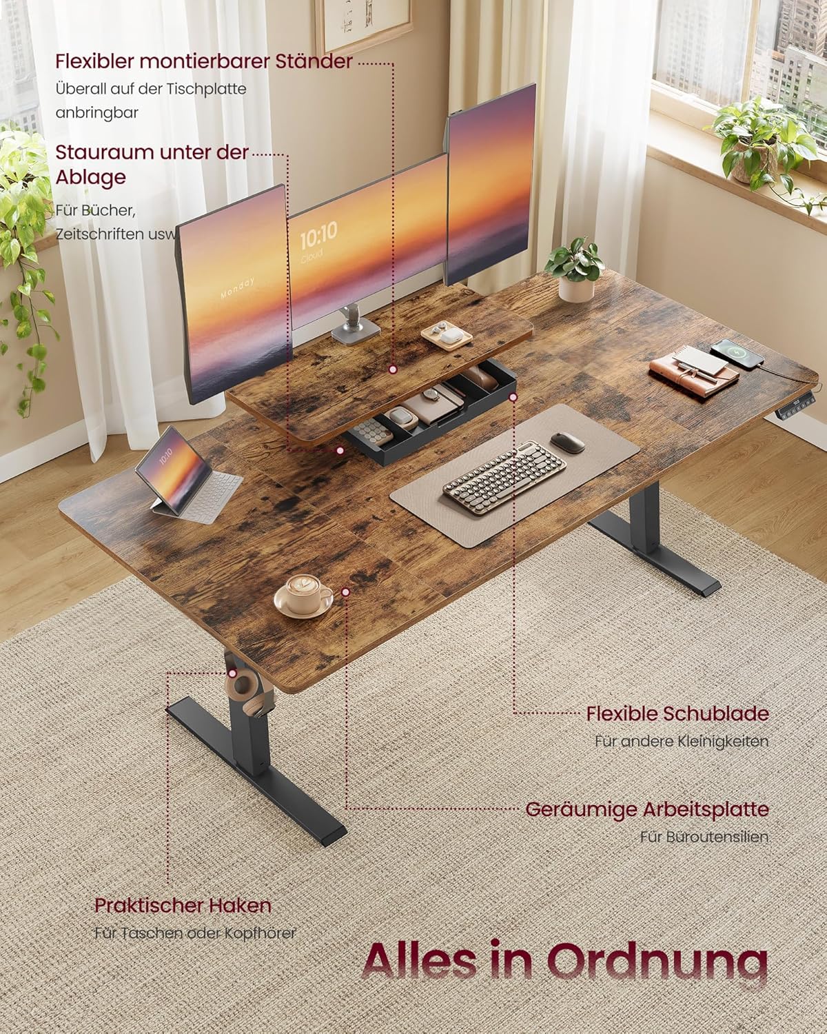 VASAGLE Höhenverstellbarer Schreibtisch, 140 x 70 cm, flexibel montierbarer Monitorständer, Schublade, USB-C-Anschluss, Erinnerung bei langem Sitzen, für Büro, vintagebraun LSD154KD01