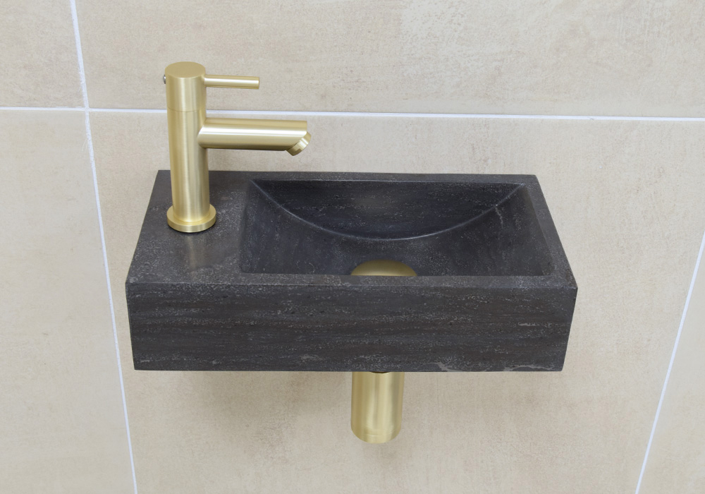 Mueller Small natuursteen fonteinset links met gouden kraan en toebehoren