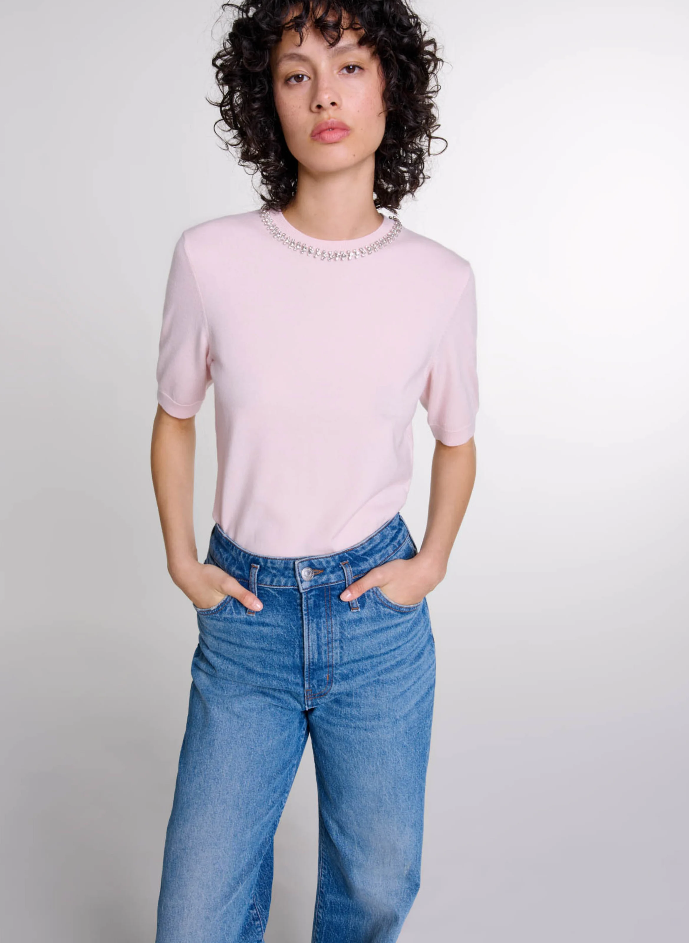 Top droit col rond à strass en laine mélangée | Rose