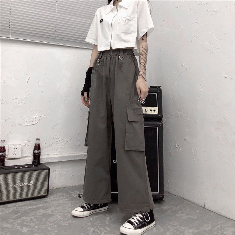Malnia Home - High Rise Plain Wide Leg Cargo Pants / Short-Sleeve Crop Shirt / Chain / Set