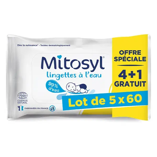 Lenços umedecidos Mitosyl Baby Water - 5 pacotes com 60 lenços cada - EG LABO