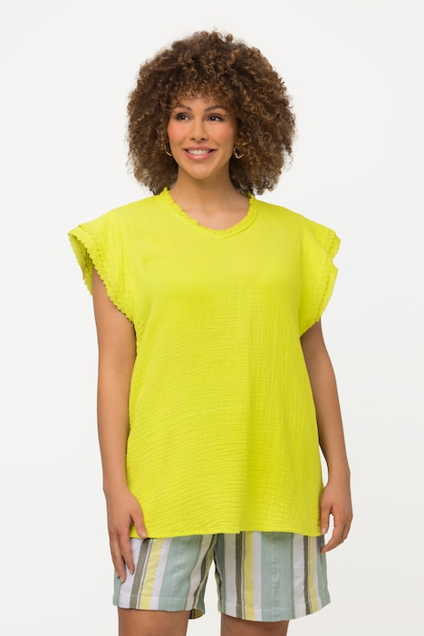 Blusenshirt, Musselin, A-Linie, V-Ausschnitt, Kurzarm