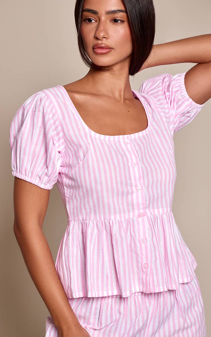 Rose Blouse À Rayures En Coton Avec Manches Bouffantes Et Boutonnage Co-ord Petite