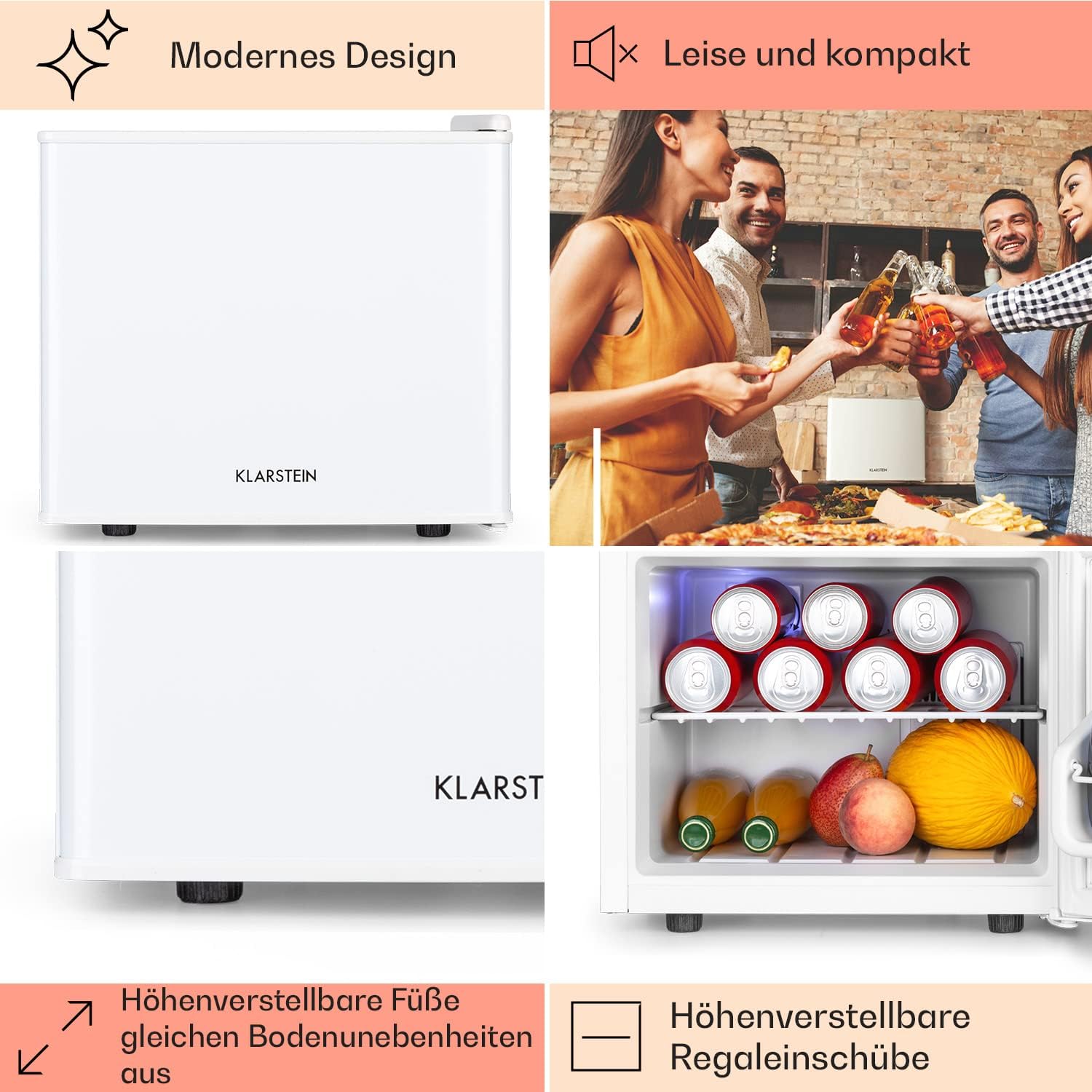Klarstein Kühlschrank, Mini-Kühlschrank für Getränke, Kühlschrank Klein, Kleiner Kühlschrank Lautlos, Skincare Fridge, 3 Kühlstufen, Camping Kühlschrank, Minikühlschrank für Zimmer, Büro 0-15°C, 17 L