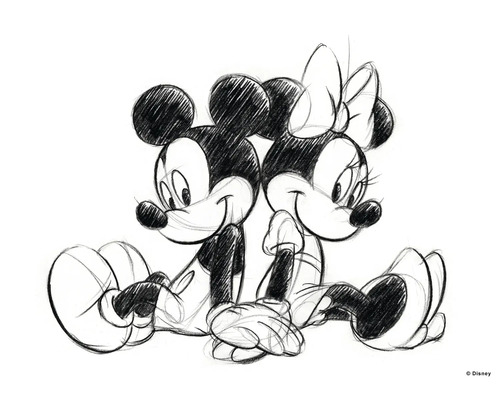 Canvas schilderij Disney Mickey Minnie Schets Zittend 70x50 cm