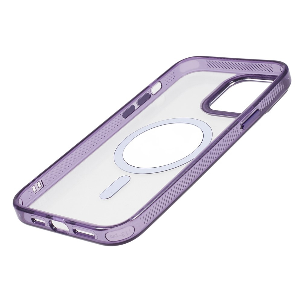 iPhone 13 Pro MagSafe Gummi Case Hülle mit Glitzer Aluminium Kameraschutz - Lila / Transparent