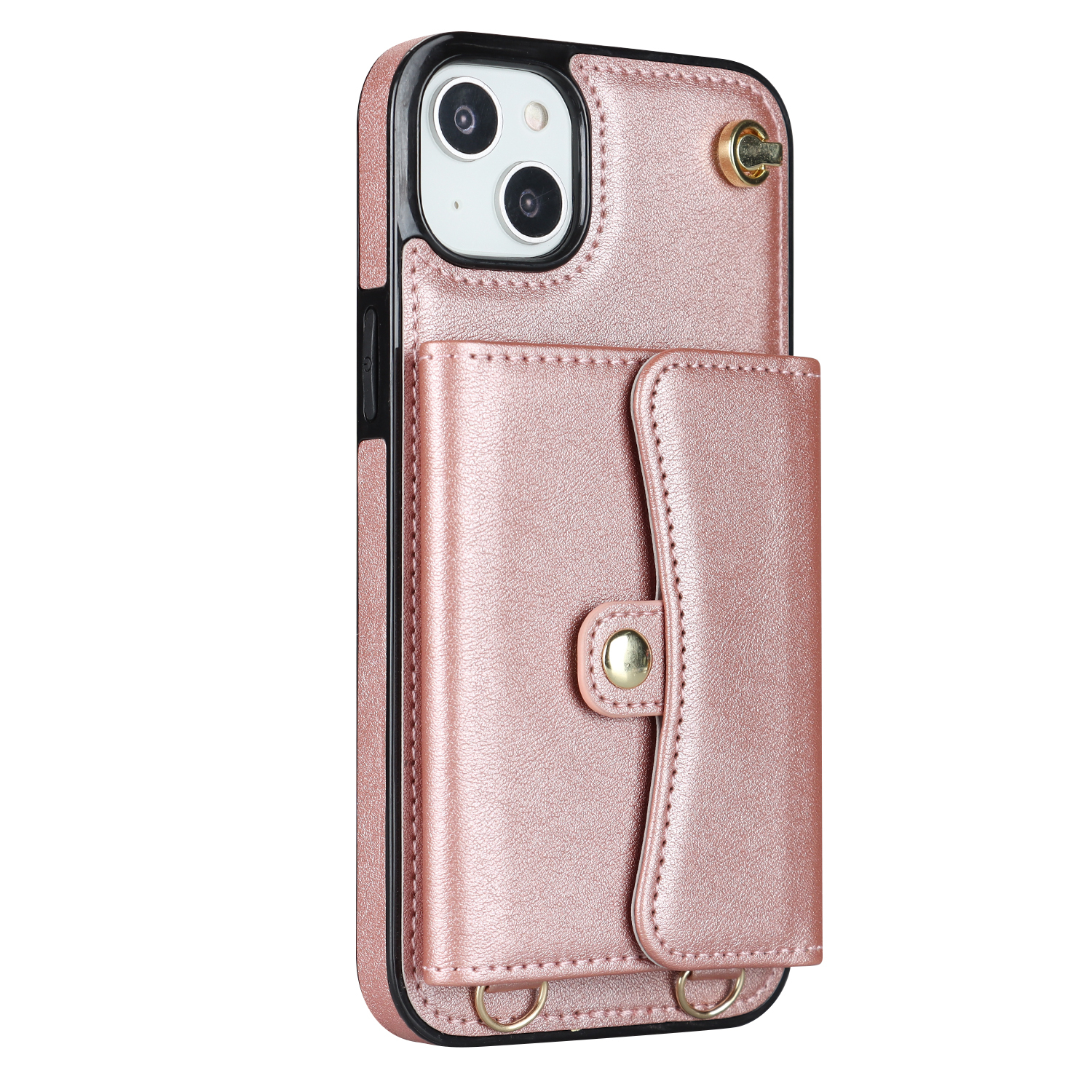 iPhone 14 / iPhone 13 Necklace Leder Schutz Hülle mit Kartenfach   Handykette (140cm) - Roségold