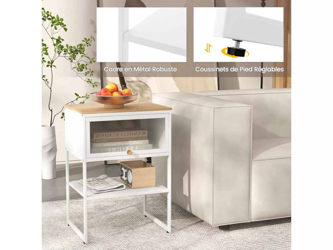 Bout de canapé avec porte rabattable transparente,40 x 32 x 56 cm, noir/blanc(blanc)