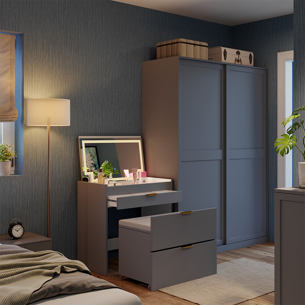 Vicco Schminkkommode Wanja Grau 80 cm mit Bank und LED-Spiegel