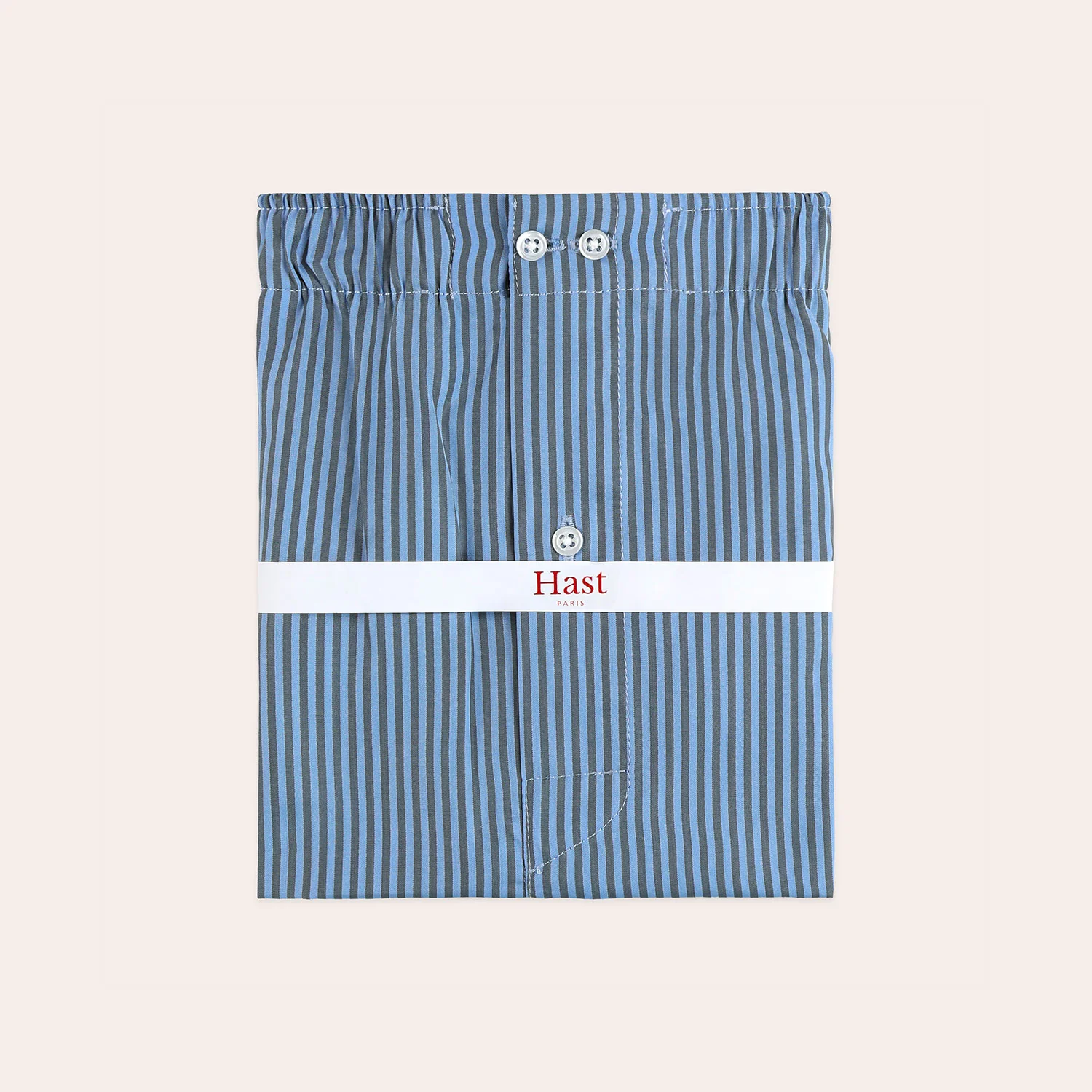 Upcycled boxer shorts with blue and taupe stripes