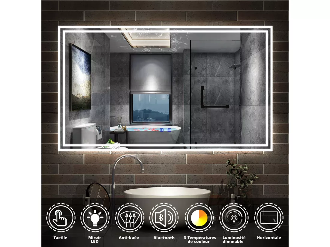 Miroir de salle de bain LED avec Bluetooth 50x70cm, antibuée + 3 couleurs + Dimmable Aica