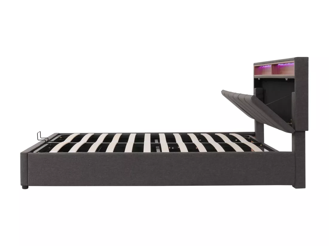 Lit coffre rembourré 140x190cm en lin avec tiroirs - tête de rangement avec LED - sommier à lattes - Gris