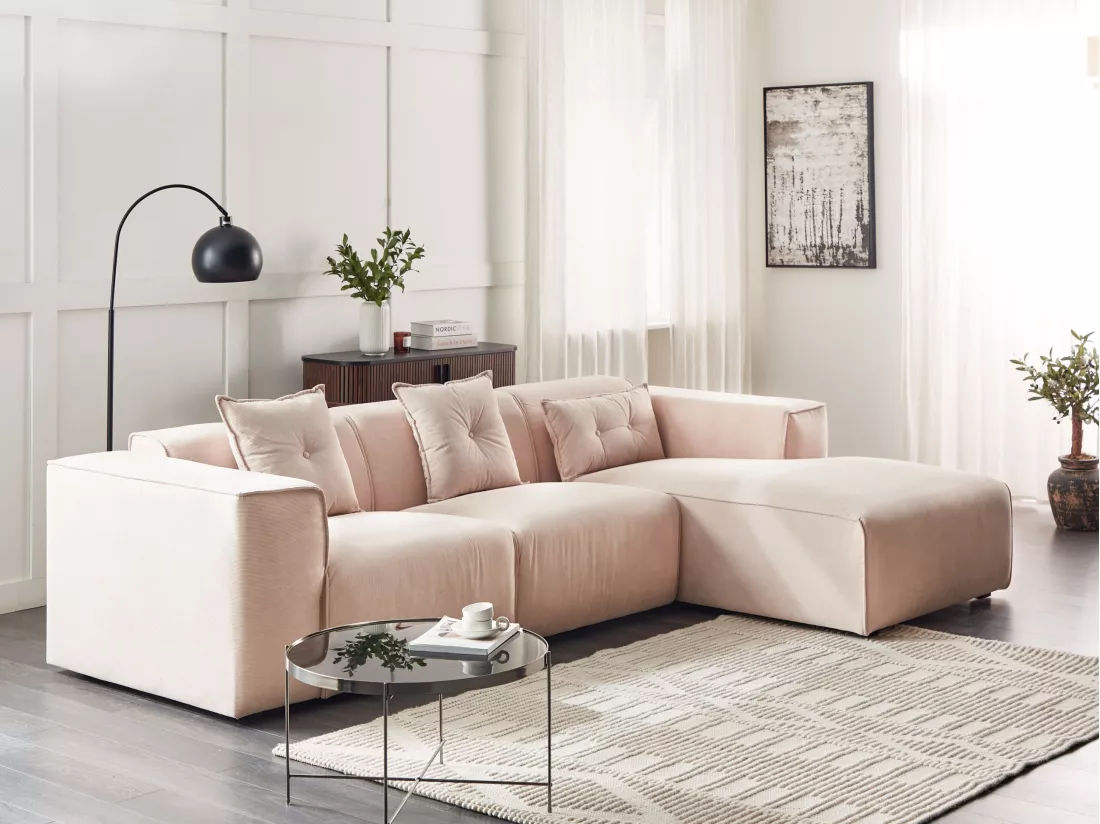 Canapé d'Angle Côté droite avec Coussins en Velours Côtelé Beige Dolva