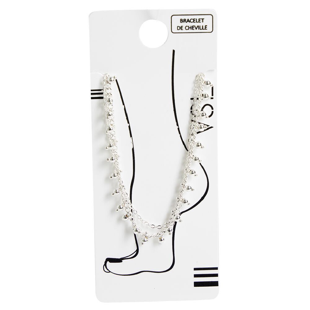 Chaîne de cheville 2 rangs maille fine et perles argenté