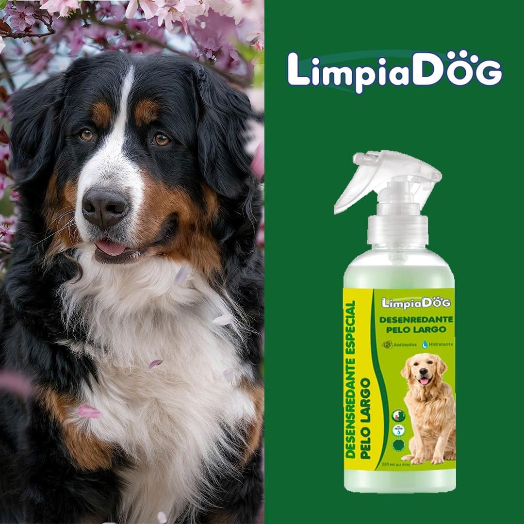 Spray desembaraçante natural Limpiadog 500ml, amaciante e condicionador para cães e gatos - Ajuda a eliminar nós - Adequado para todos os tipos de pelagem e todas as raças.