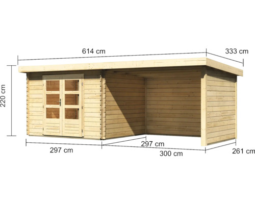 Blokhut Karibu Noorvik 5 met lessenaarsdak 3 m, achter- en zijwanden 614 x 333 cm naturel