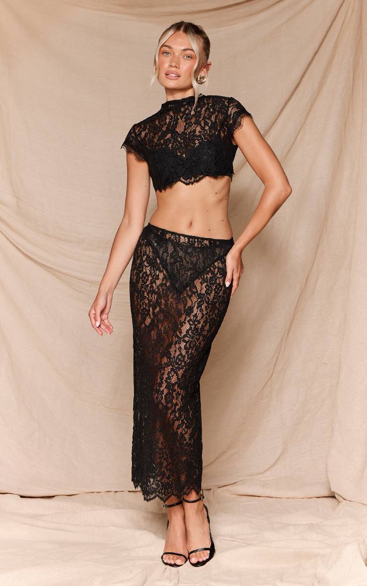Noir Jupe Midi En Dentelle Transparente Taille Basse