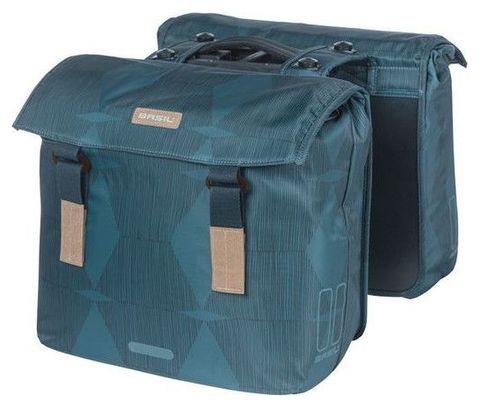 Basil Elegance Double Bicycle Bag - Polyester pour animaux de compagnie recyclée - Clôture de pliage de retenue - Système MIK - Bouchette Bleu