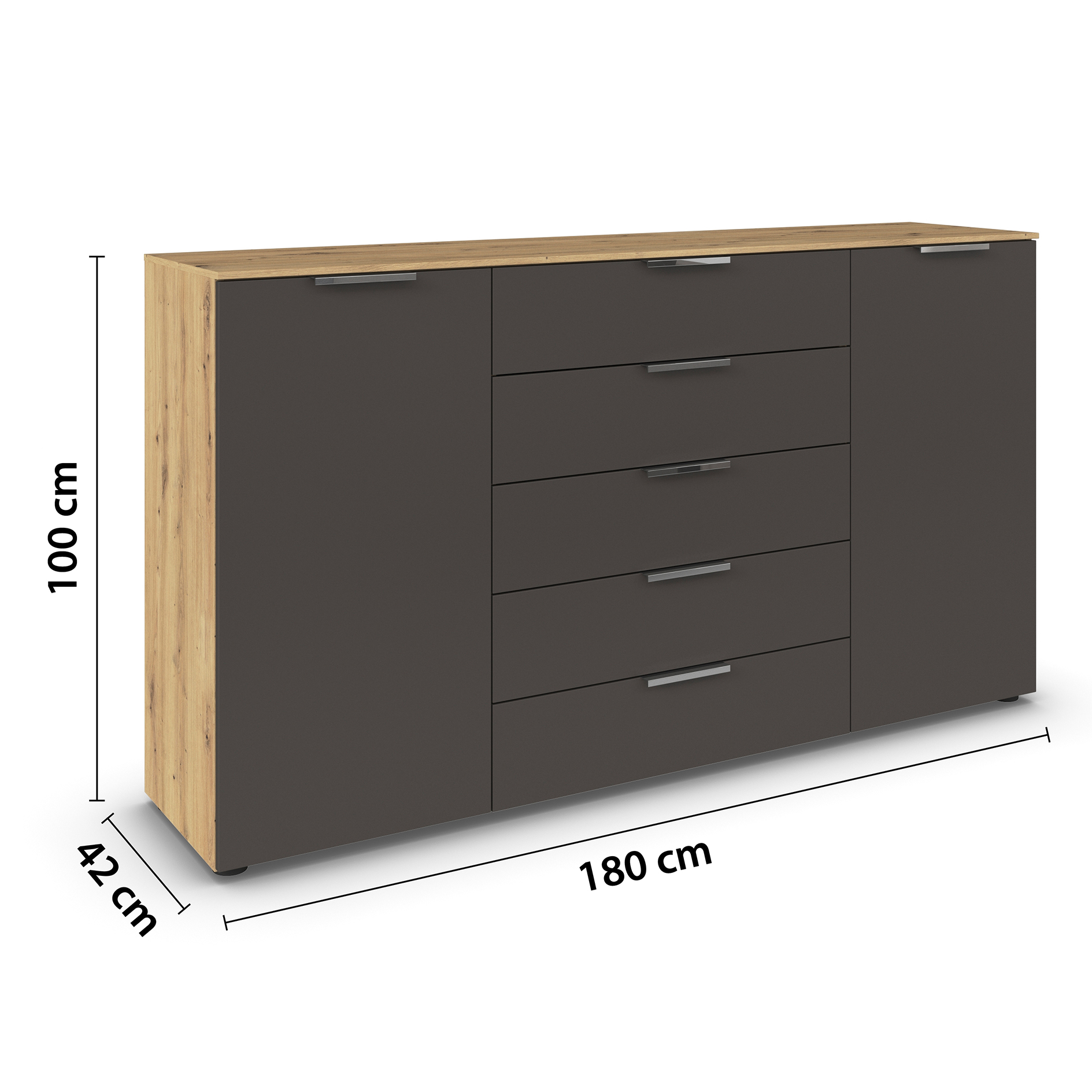 Kommode - Artisan Eiche-graphit - Chromgriffe - 180 cm