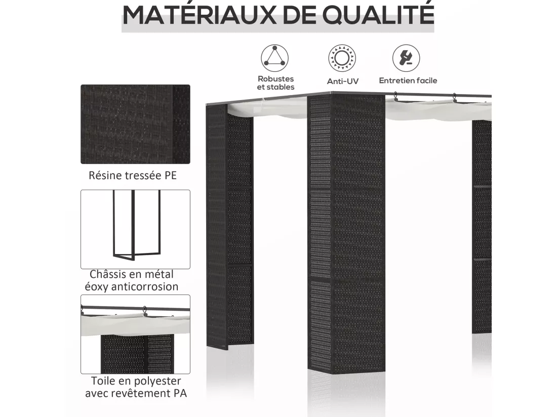 Pergola rétractable style colonial dim. 2,98L x 2,98l x 2H m métal époxy anticorrosion résine tressée noire toile polyester haute densité 180 g/m² crème