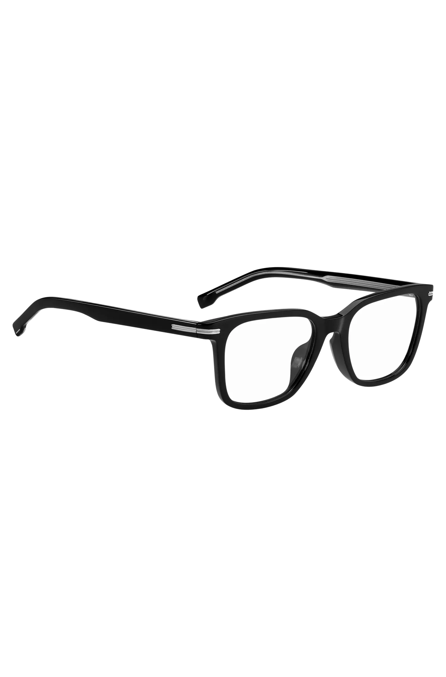 Armação de óculos BOSS em acetato preto com detalhes prateados exclusivos.