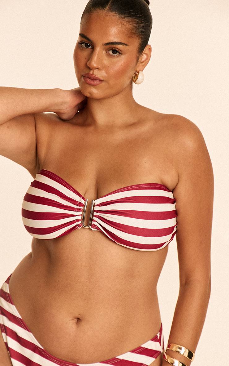 Rouge Bordeaux Haut De Bikini Bandeau Grande Taille À Rayures Bordeaux Avec Barre En U