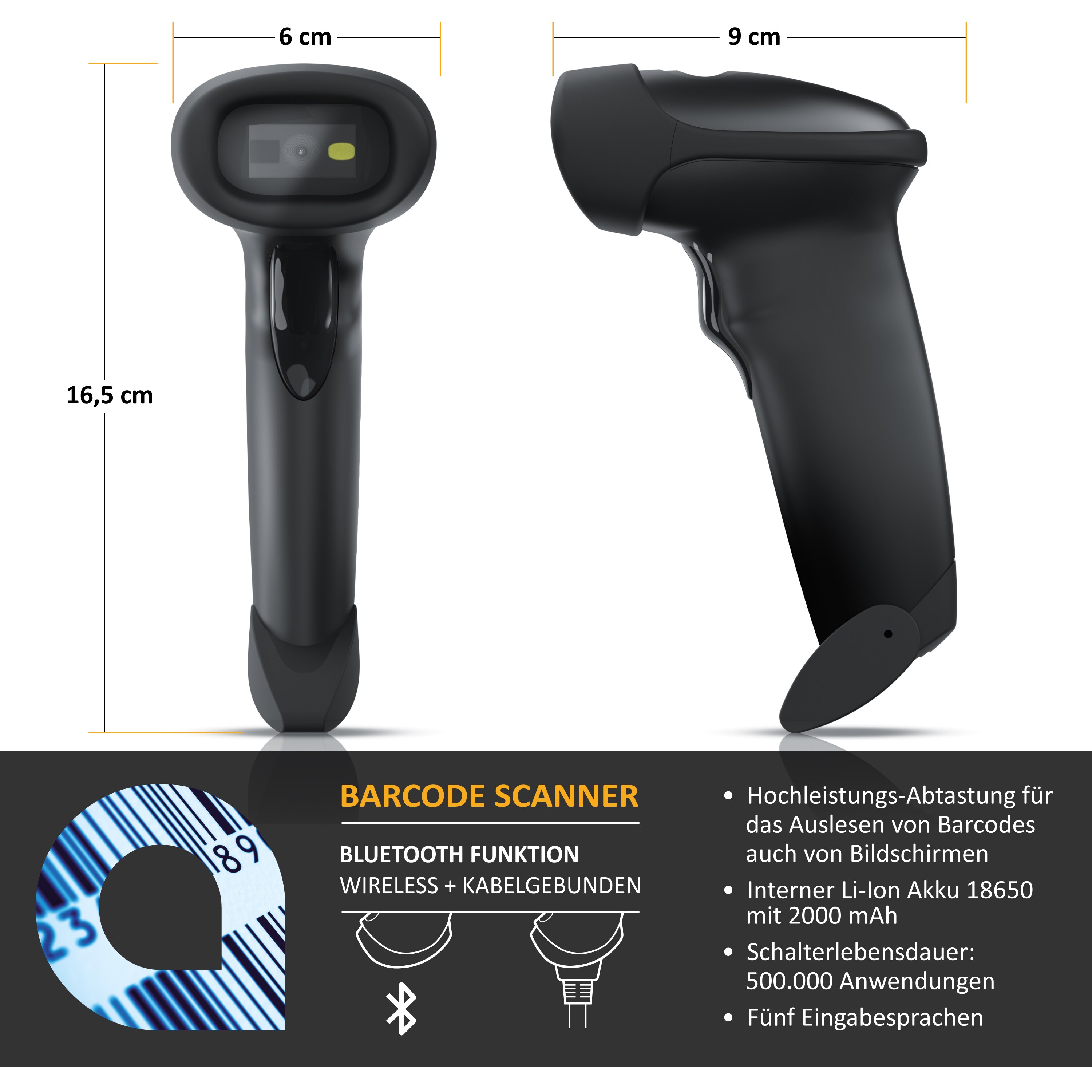Aplic Bluetooth Barcode Scanner Wireless - 2D 1D - 2000 mAh Akku - inkl. Standfuß - Funk Barcodescanner kabellos - Barcodeleser