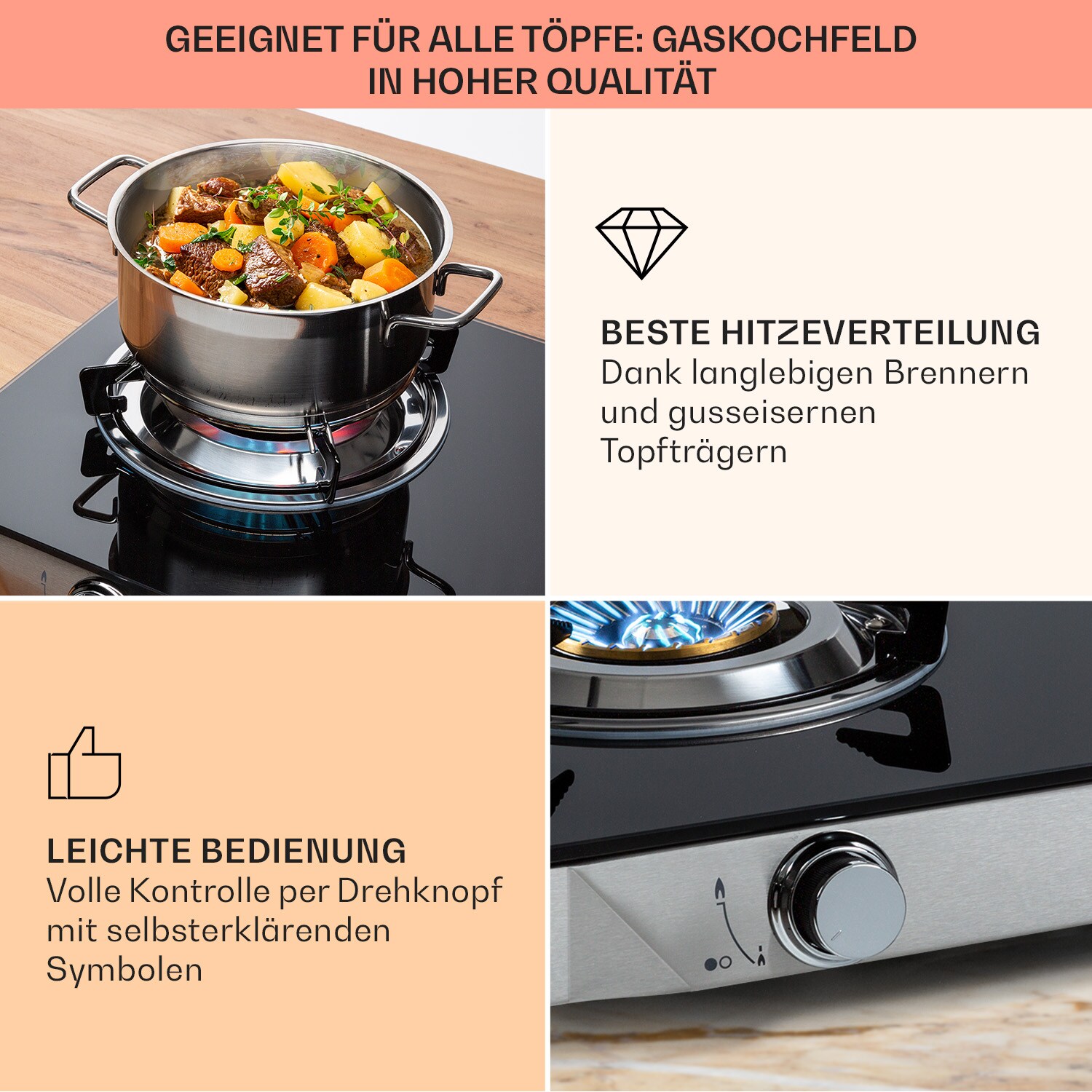 Barzona 2 Campingkocher 2 Brenner 3,4 & 4,3 kW Glasplatte Edelstahl 2 Brenner
