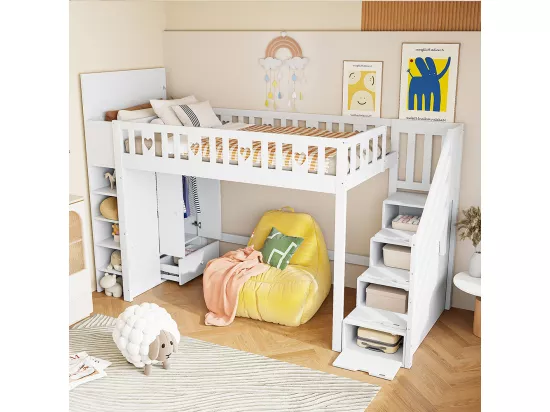 Lit mezzanine 90x200 échelle de rangement étagères armoire de rangement pliable pour le revêtement balustrade Blanc