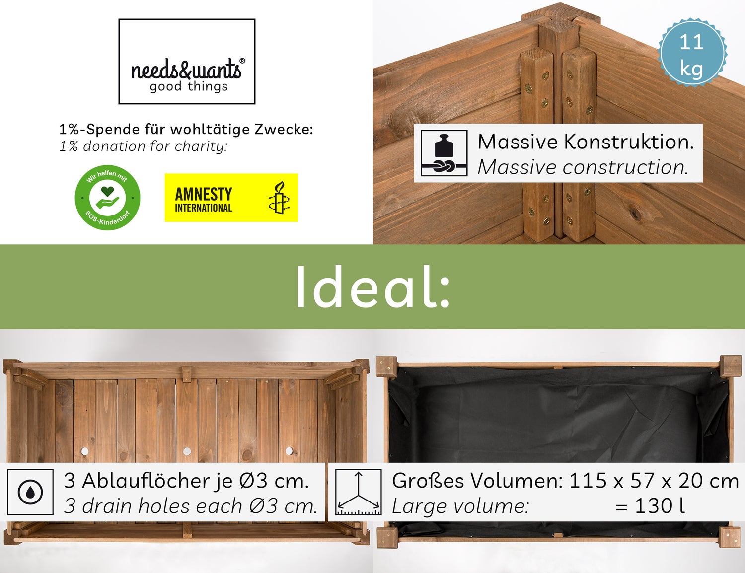 needs&wants® Grote houten verhoogde bak voor tuin, balkon en terras; XL rechthoekige smalle plantenbakset met fleecevoering; kruidentuinbak, decoratief, donkerbruin
