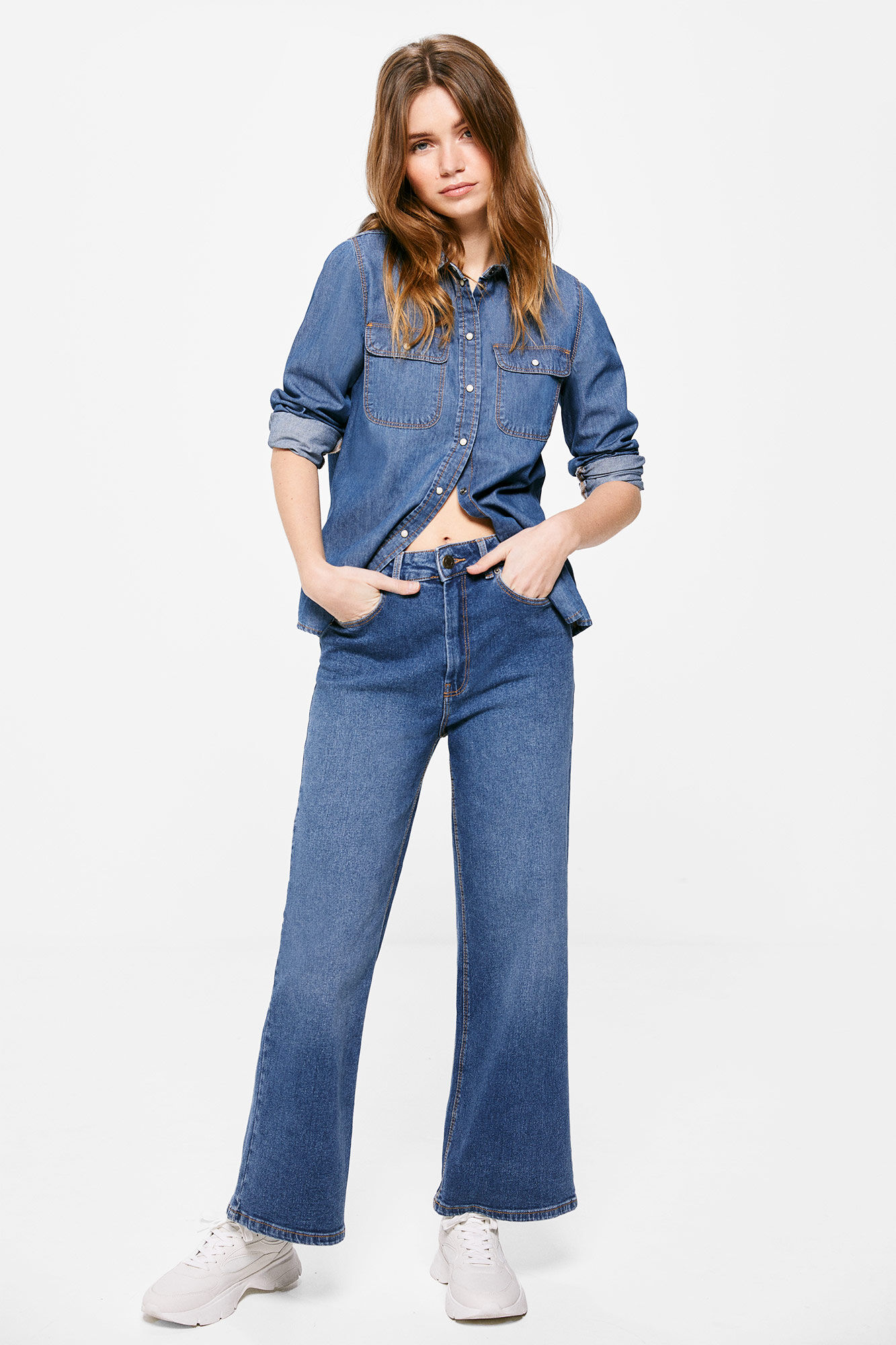 Calça jeans culote com lavagem sustentável - Azul médio