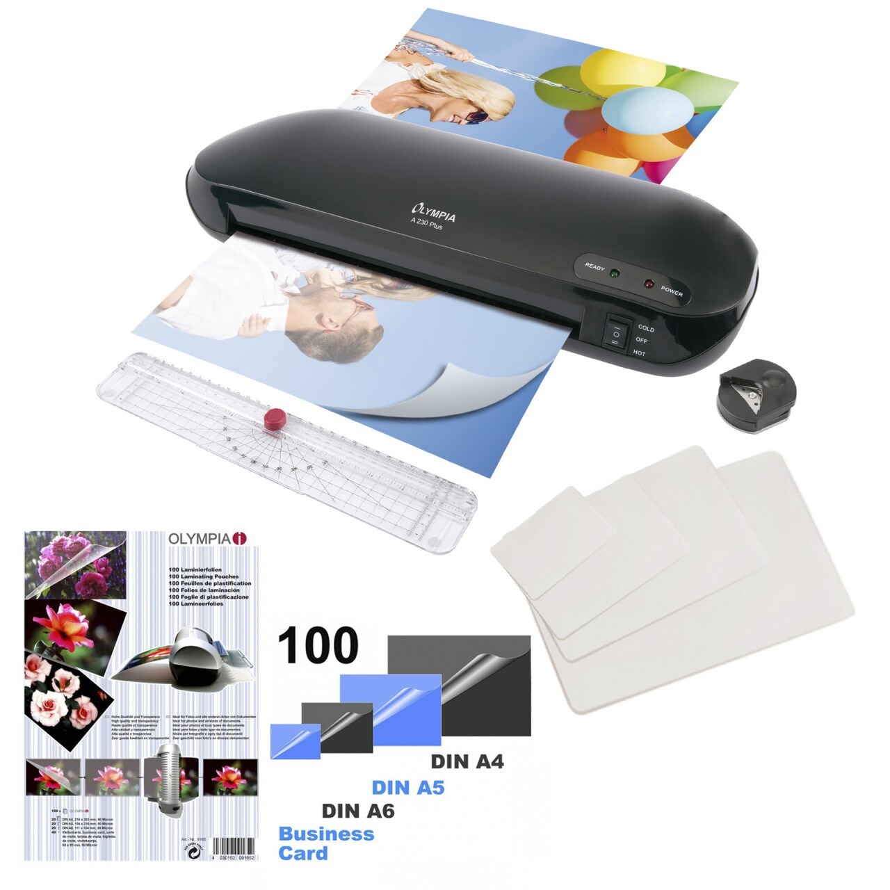 OLYMPIA A 230 Plus 4-in-1 Premium Laminierset mit Trimmer, Eckenrunder, bis DIN A4, 100 gemischte Folien