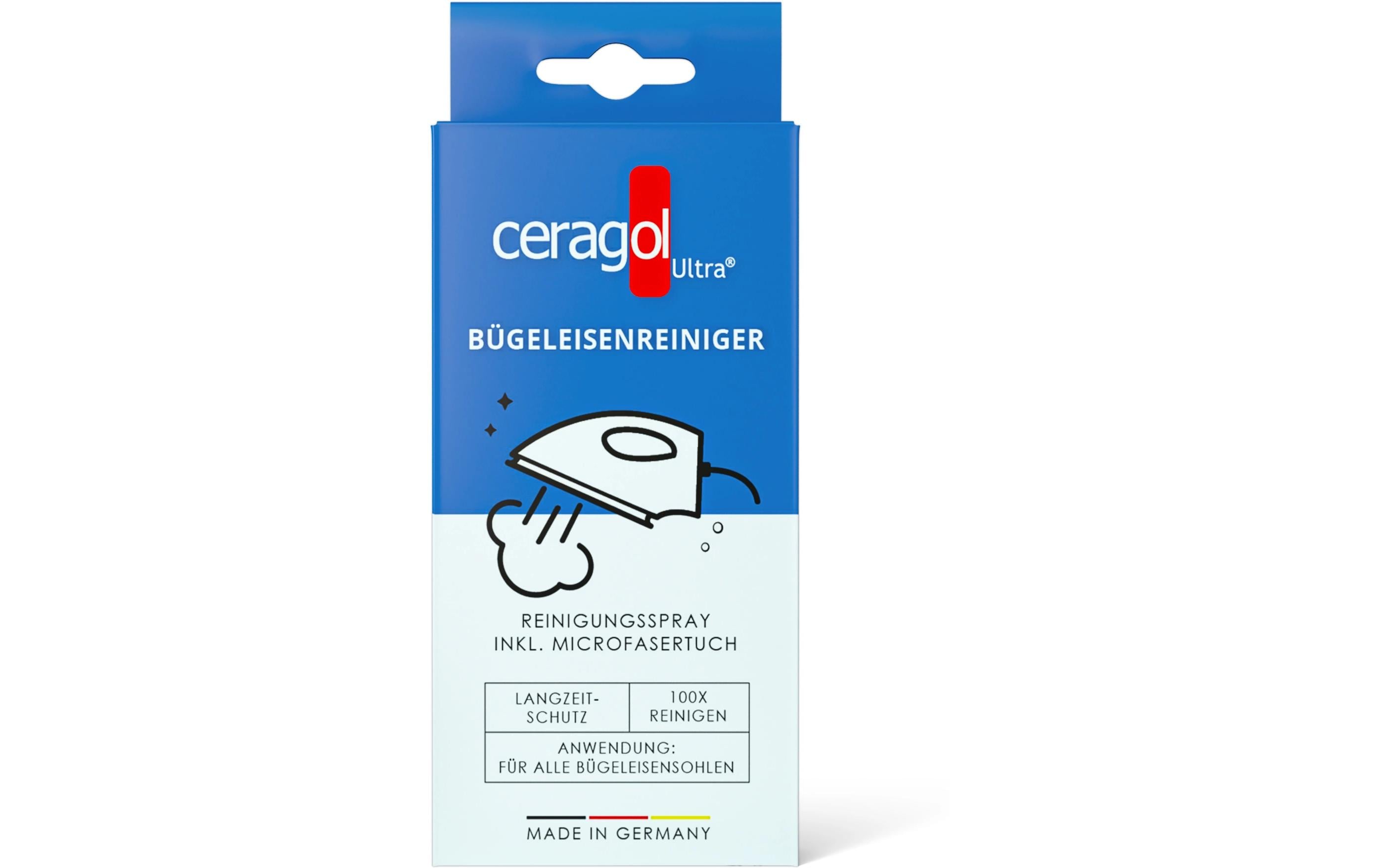 Bügeleisenreiniger 50 ml & TuchReiniger für Bügeleisen mit Bügeleisensohlen aus Keramik, Edelstahl oder Aluminium