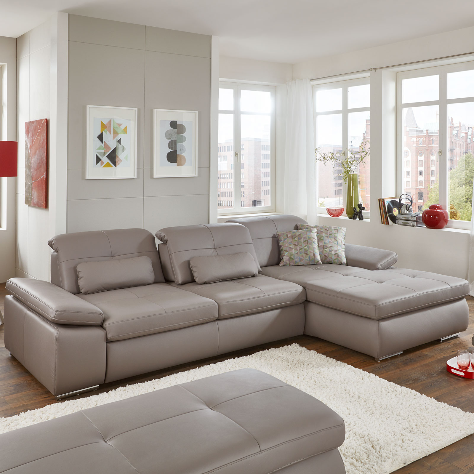polsterpower Ledersofa - granit - Sitztiefenverstellung - Recamiere rechts