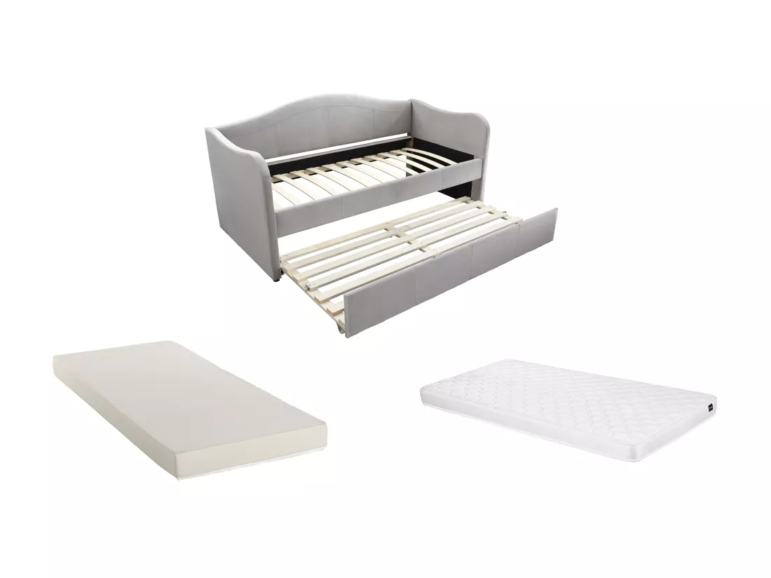 Lit banquette gigogne 2 x 90 x 190 cm - Velours - Gris clair + Matelas - MATHILDE