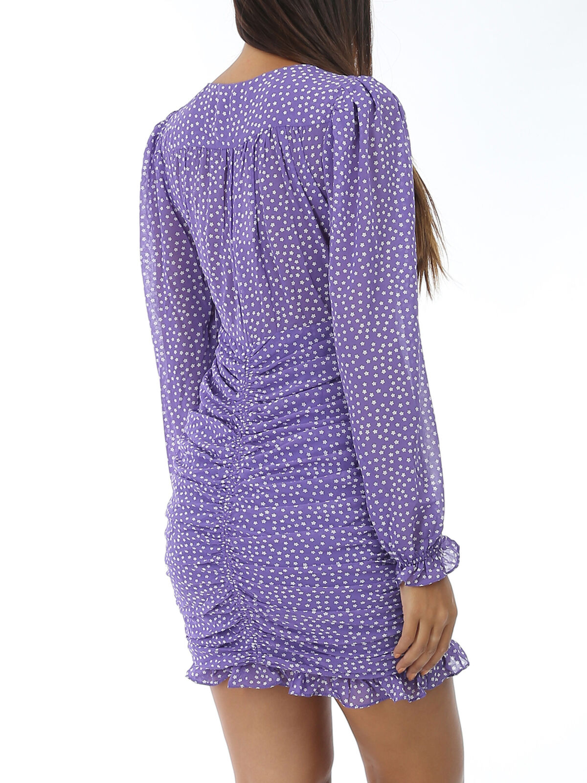Robe courte froncée à fleurs- Violet
