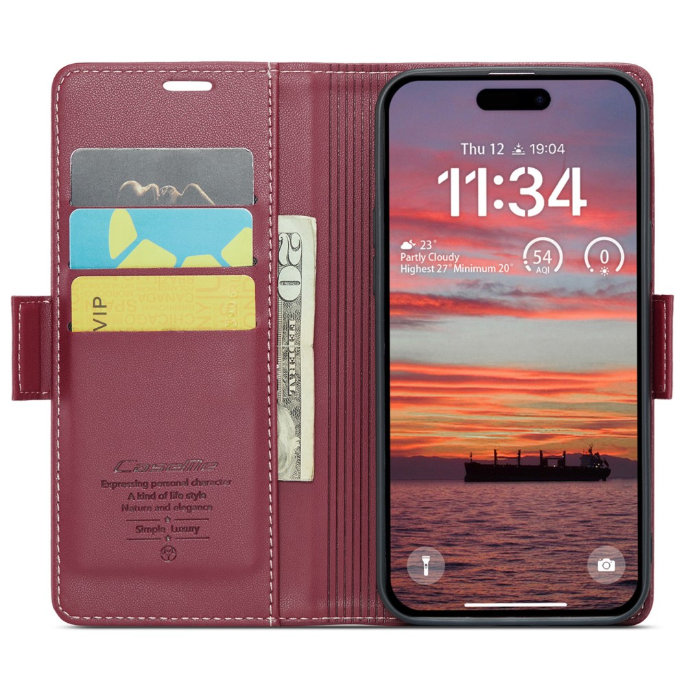 iPhone 16 Leder Tasche Flip Wallet Etui mit Kartenfächern Litchi Look (RFID Schutz) - Rot