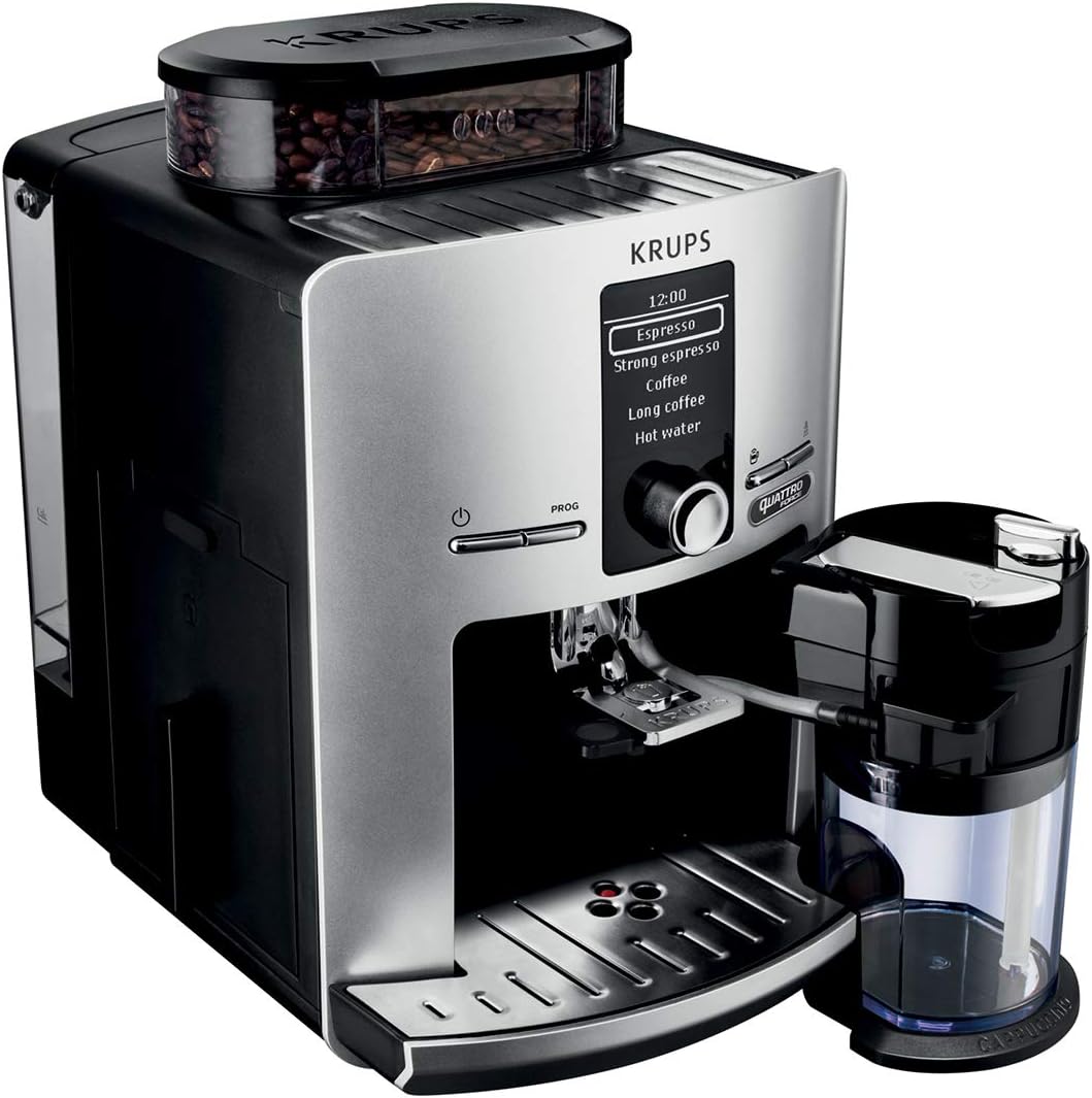 Krups Machine à café grain, 2 expressos simultanés, Ecran LCD, Cafetière espresso compacte, Nettoyage automatique, Buse vapeur pour Cappuccino, Essential noire YY8135FD, Noir