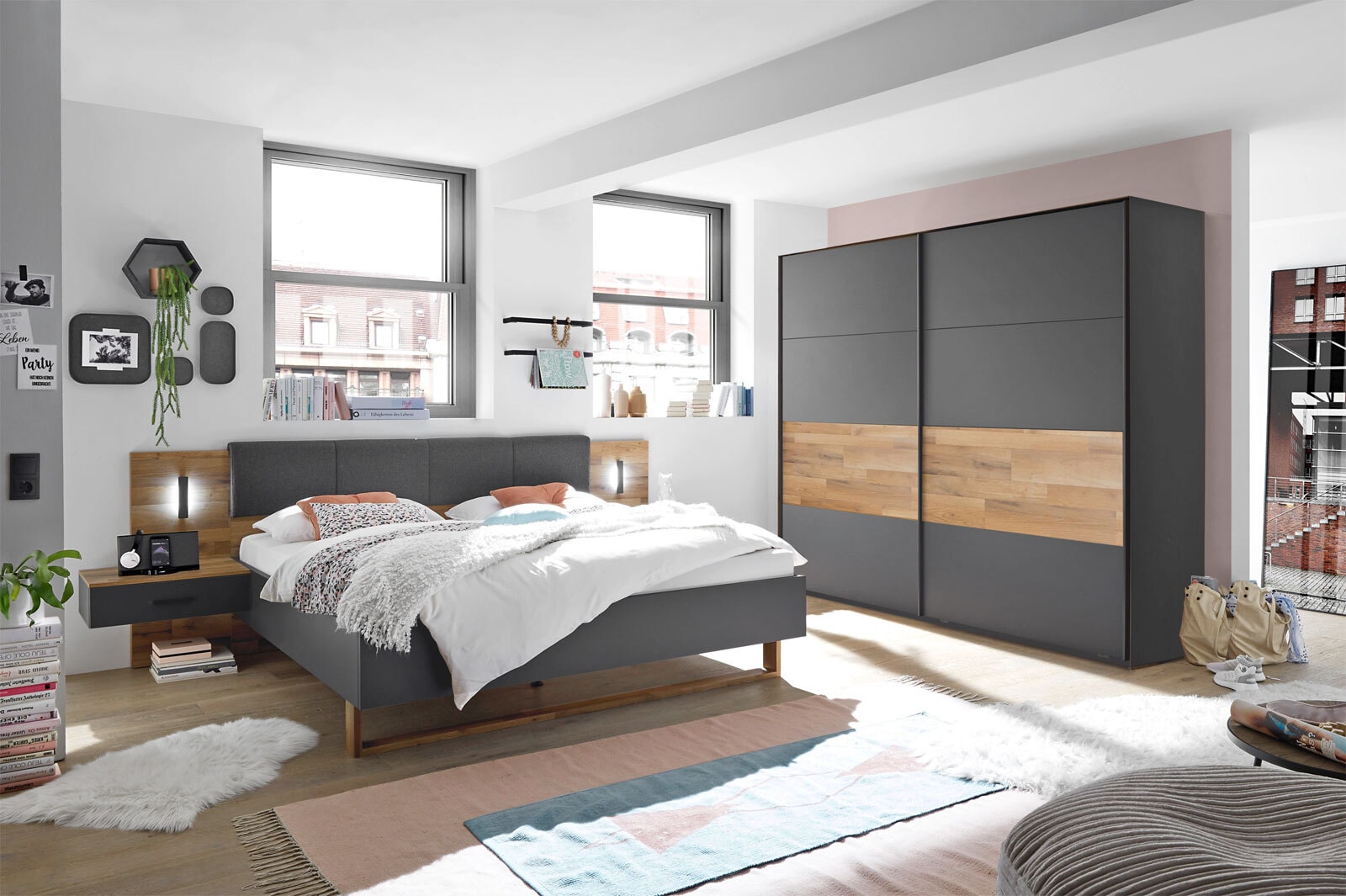 Schwebetürenschrank Rivoli Montana Oak-Optik/Graphit 270x210x64 cm
