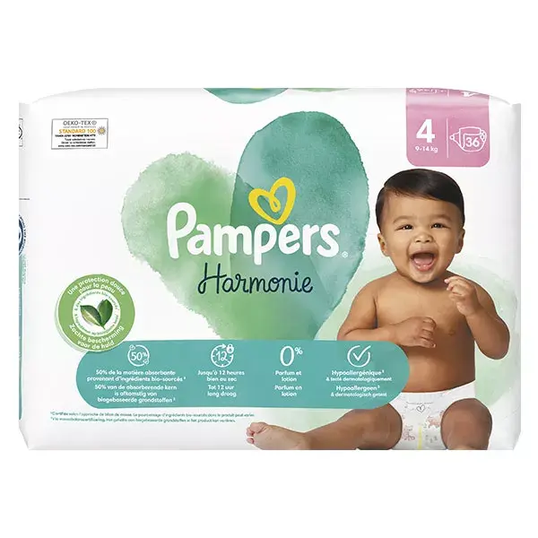 Fraldas Pampers Harmonie Tamanho 4, Pacote com 36 unidades, para bebês de 9kg a 14kg, Proteção suave para a pele.