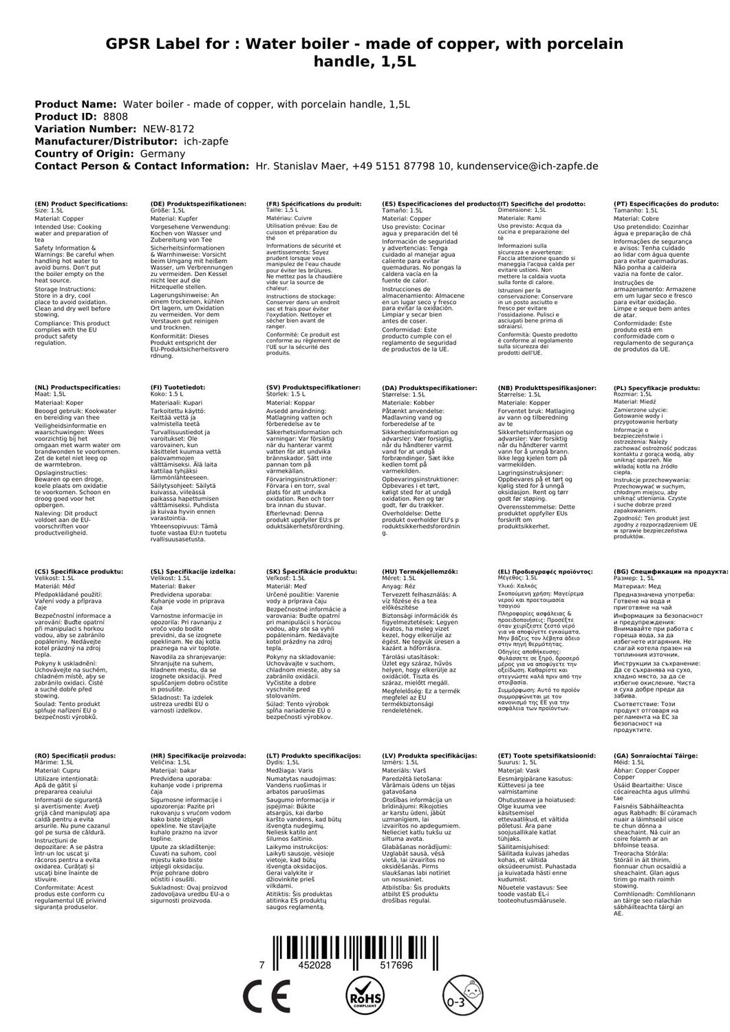 Wasserkessel, Teekessel - aus Kupfer, mit Porzellanhenkel, 1,5L