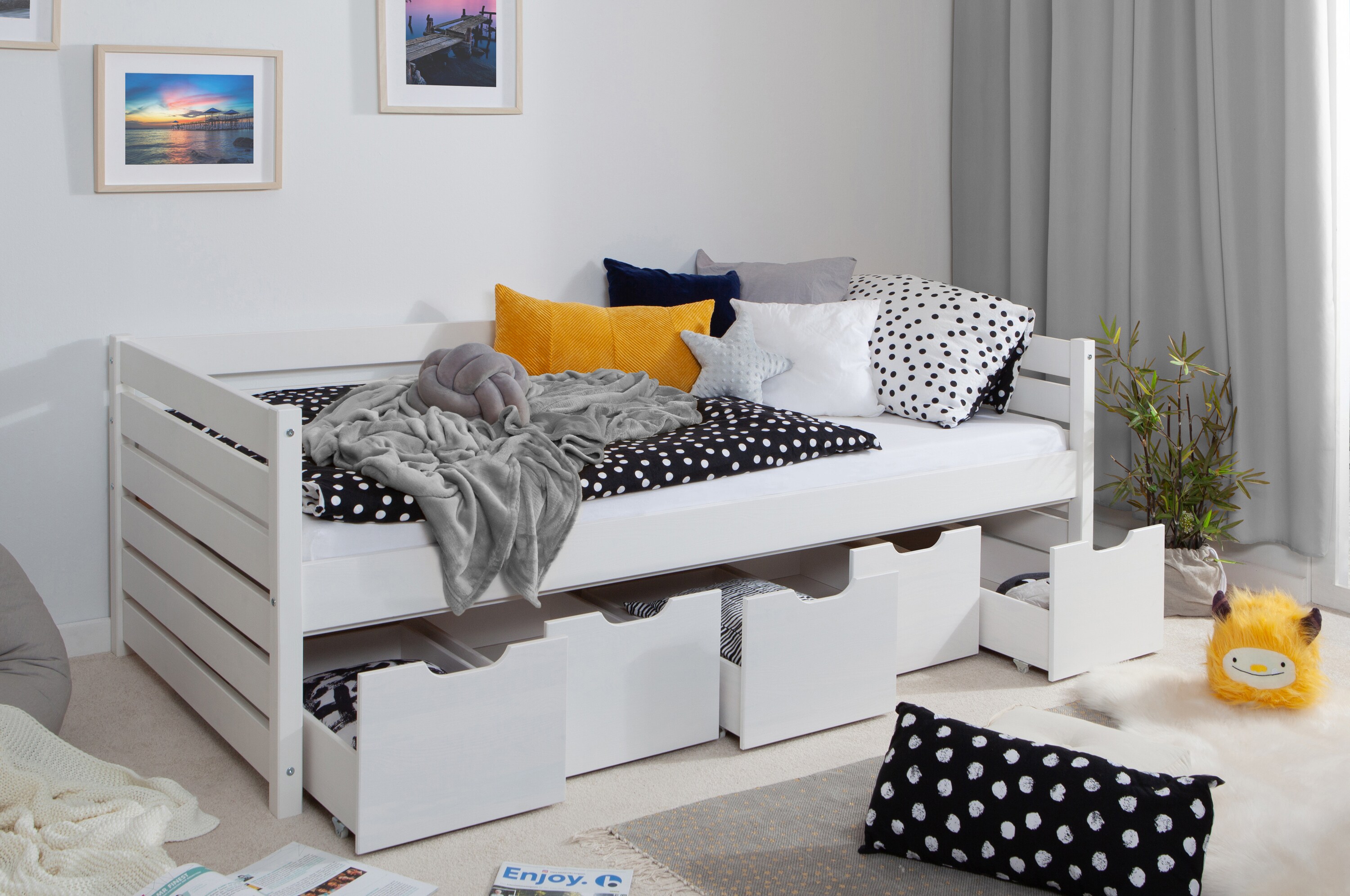 TiCAA Sofabett Naomi inkl. 5x Schubkästen, 100x200, Weiß