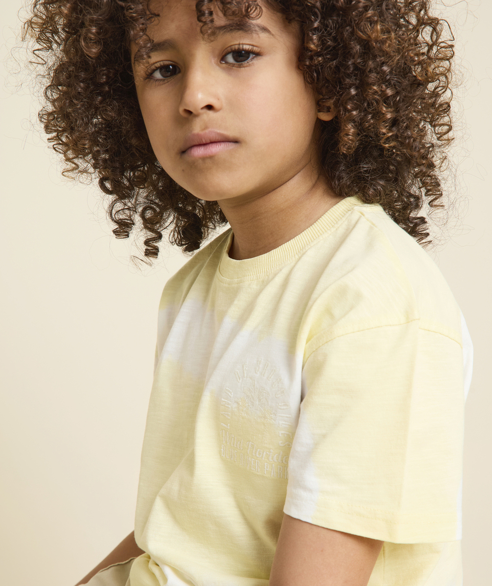 t-shirt manches courtes en coton bio tie and die jaune pastel et blanc