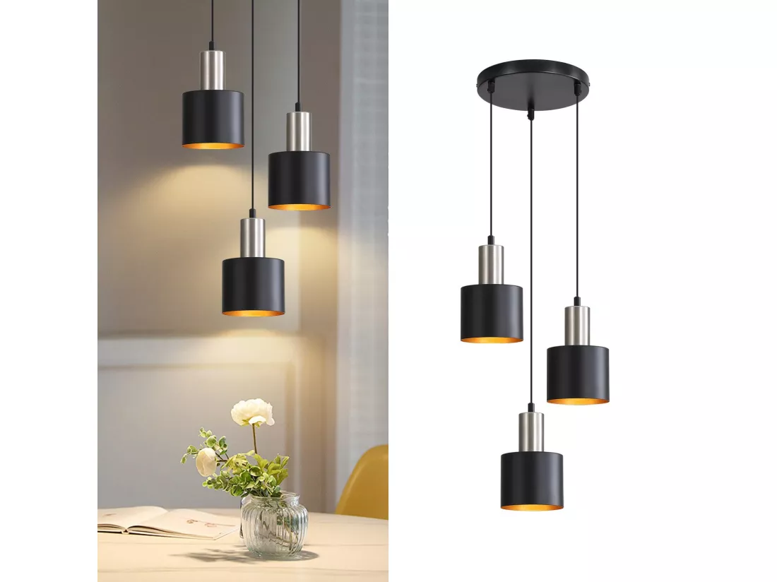 NETTLIFE Suspension table à manger E27 lampe suspendue vintage suspendue 3 ampoules noir or