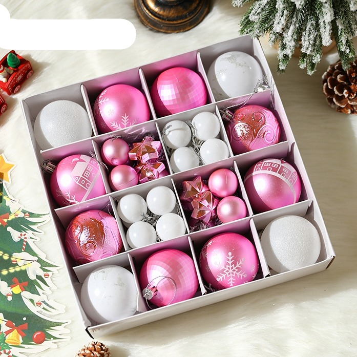 (44er Set) Christbaum Schmuck Glitzer Weihnachtskugeln Tannenbaum Aufhänger Home Deko - Pink / Weiss